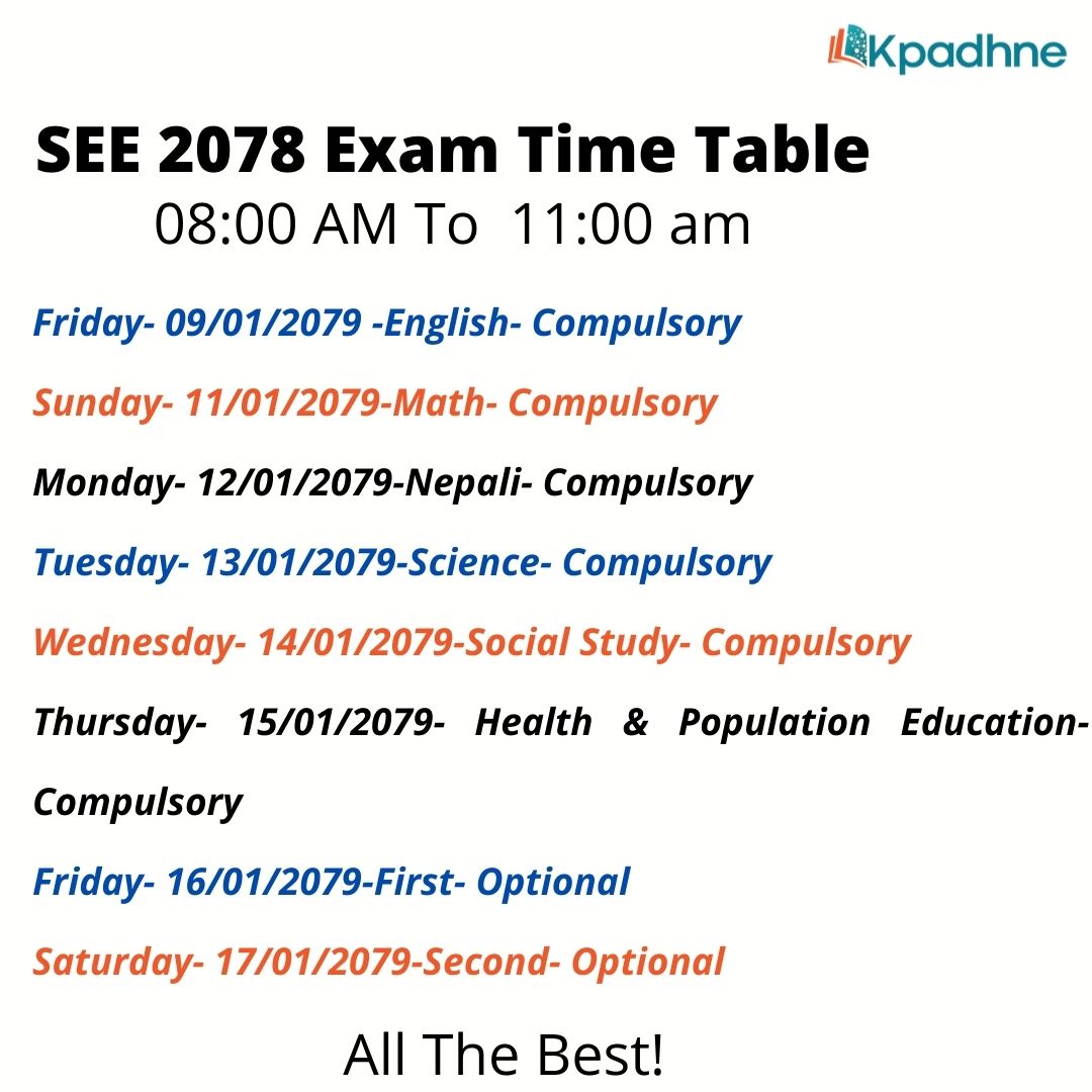 SEE Exam 2078 Time Table